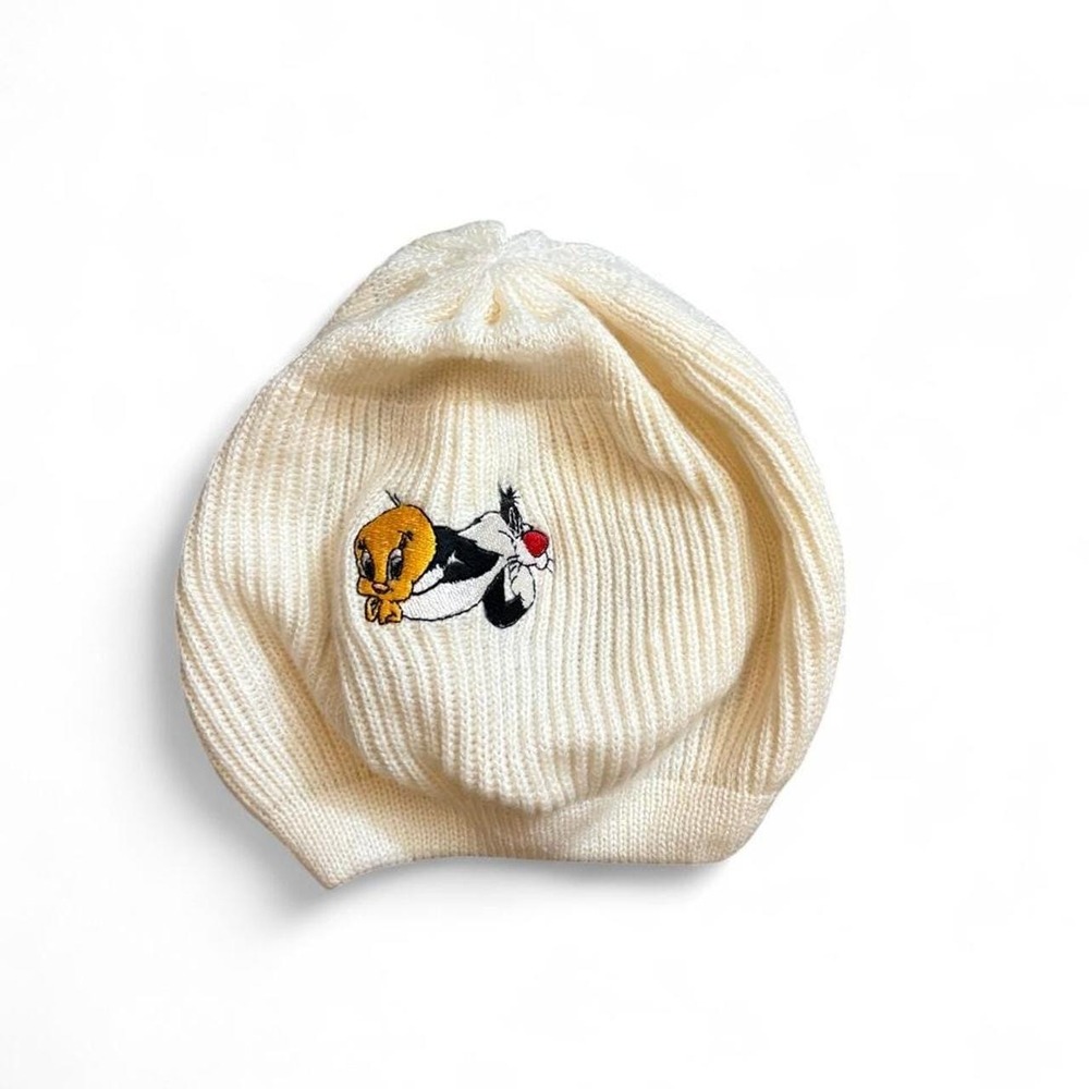 Vintage 1995 Warner Bros Tweety Sylvester Knit Hat Cream Looney Tunes 90s